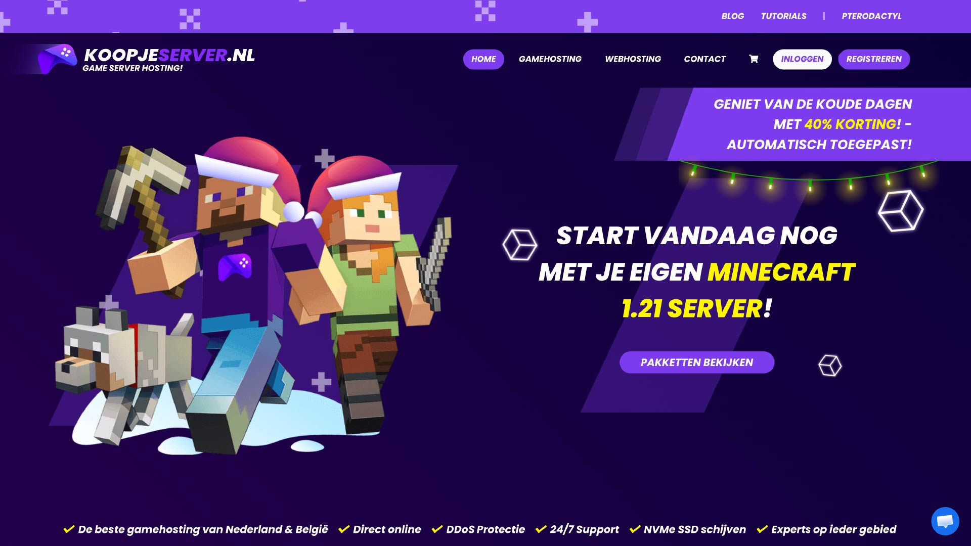 Homepage van Koopjeserver.nl in de nieuwe paarse huisstijl, met Minecraft-personages